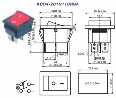 Переключатель-клавишный-KCD4-201N11CRBA-(красный)-16А-250В-2