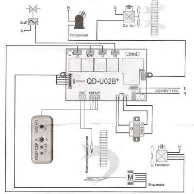 Плата управления кондиционером универсальная QD-U02B+(M) - схема включения